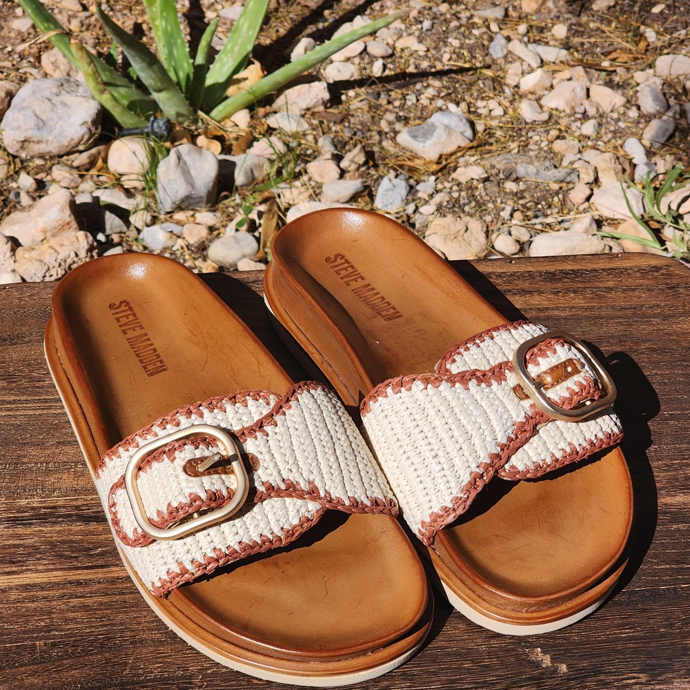 Steve Madden Memphis Women’s White Woven Cognac Multi Slide Sandals Size 7.5